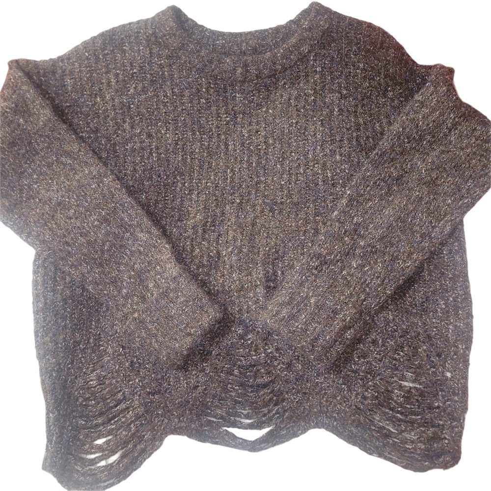 Ruby Moon Brown Speckled Knit Crew Neck Distressed Hemline Sweater M